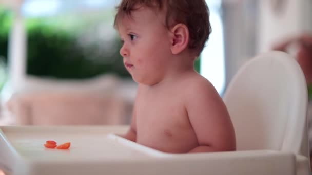 Nälkäinen pikkulapsi vauva syöttötuolilla lyömällä pöytä odottaa ruokaa - Materiaali, video