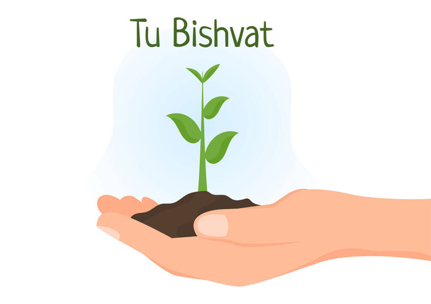 Tu BiShvat Template Hand Drawn Cartoon Flat Illustration Blooming tree with Objects of Seven Species of Fruits on White background Design - Διάνυσμα, εικόνα