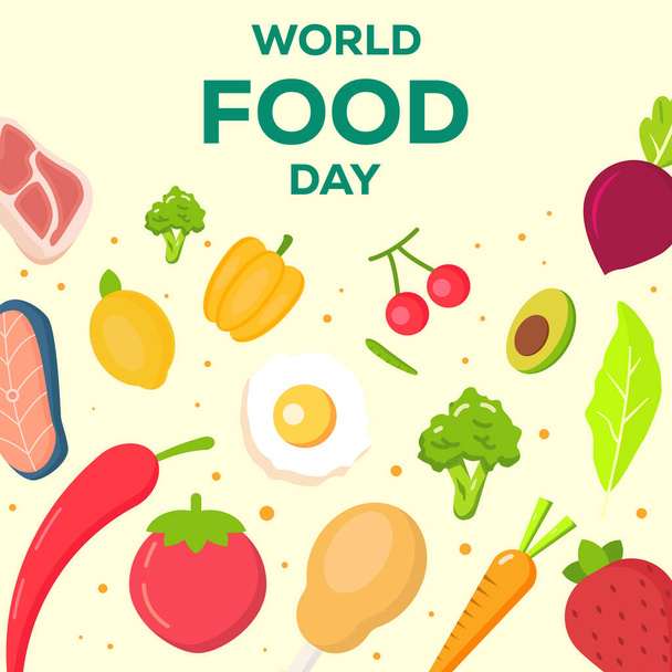 world food day illustration design with vegetables, fruits, and meat - Vetor, Imagem