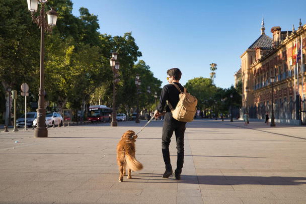 Young Hispanic man with a beard, sunglasses, black shirt and backpack, walking around the city with his dog seen from behind. Concept animals, dogs, love, pets, golden. - Foto, Imagen