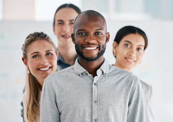 Black man leader, teamwork portrait and collaboration, company vision and happy staff. Business people group, diversity workers and smile professional standing in unity, motivation and leader support. - Foto, imagen