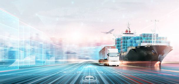 Smart Logistics Digital Marketing Technology Concept, Double Exposure Polygon Wireframe of Container Cargo Freight Ship, Plane, Truck, Growth Graph, Modern Future Import Export Transport Background - Foto, Imagen