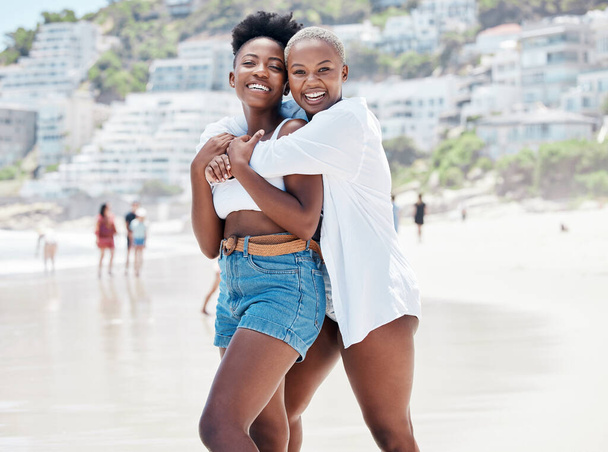 Portrait of happy friends on beach travel vacation, holiday or spring break to tropical island paradise. Black women on a girls trip to the sea or ocean for summer, sun and relax at water seaside. - Фото, изображение