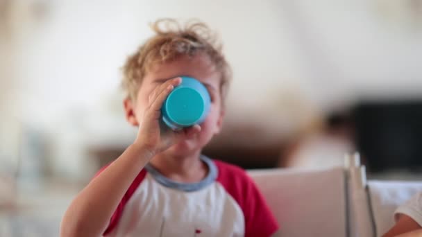 Lapsi poika juo juomaa kupin kanssa ja röyhtäilee ja röyhtäilee ääneen - Materiaali, video