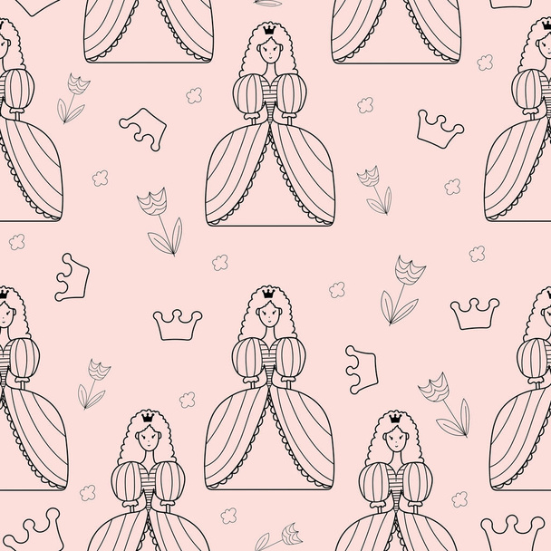Seamless pattern princess in doodle style on a pink background. - Διάνυσμα, εικόνα