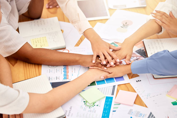 Teamwork, women collaboration or hands in support, trust or motivation for brand strategy business meeting. Diversity vision or innovation planning with target audience kpi research infographic paper. - Photo, image
