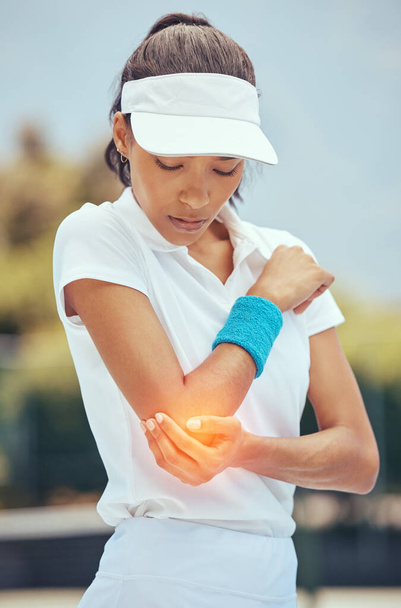 Tennis woman, elbow pain and abstract injury on sports court in wellness exercise, training and health workout. Fitness stress, burnout and medical emergency or arm accident for athlete in match game. - Photo, Image