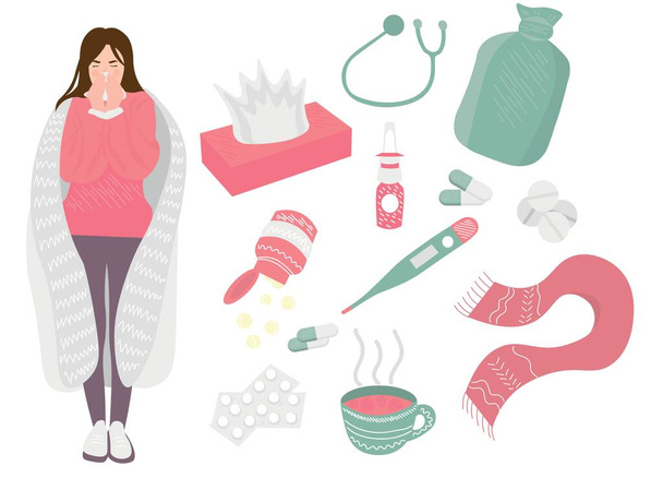 Хвора жінка з тканинами, таблетками, гарячою водою, термометром, носовим розпилювачем, гарячим чаєм та стетоскопом на білому тлі
 - Вектор, зображення