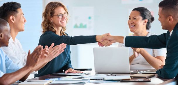 Deal handshake of business people in business meeting for trust, cooperation and collaboration. Welcome of B2b company leader in partnership strategy or teamwork with corporate business in boardroom. - Foto, imagen