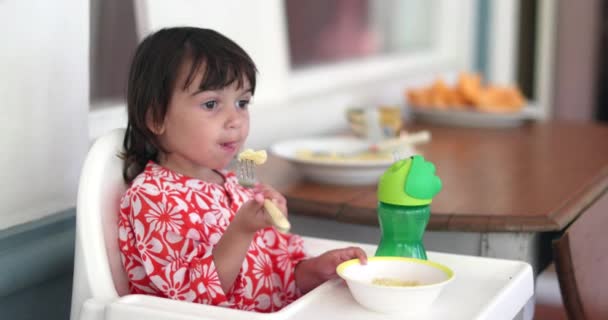 Kislány gyermek eszik dinnye gyümölcs etetőszéken - Felvétel, videó