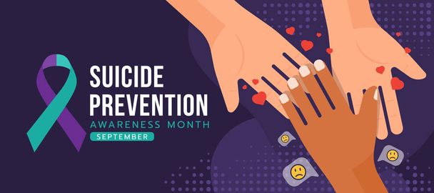 Suicide prevention awareness month text and suicide awareness prevention ribbon sign and hands that delivers love to a sad hand on dark purple background vector design - Vettoriali, immagini