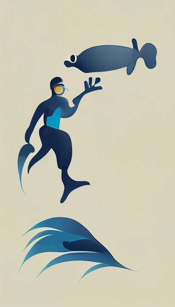 Diver swims in the ocean depth smooth drawing on grey background . High quality illustration - Valokuva, kuva