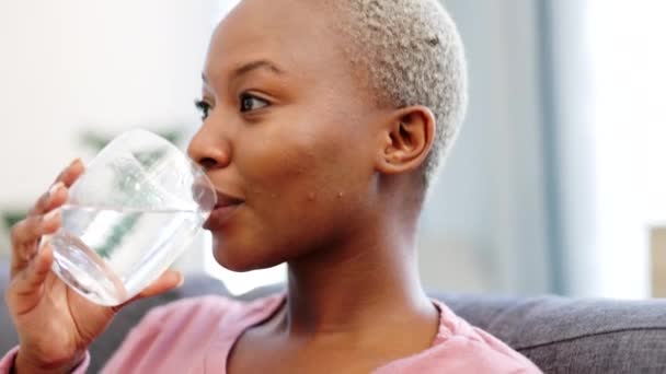 Ένα ποτήρι νερό, ενυδατωμένη και χαρούμενη γυναίκα που πίνει διψασμένη στον καναπέ ή στο σαλόνι της. Μαύρη γυναίκα πίνει φρέσκο, δροσερό και ενυδάτωση h2o για την υγεία, την ευεξία και την υγιεινή περιποίηση της επιδερμίδας σε ένα σαλόνι. - Πλάνα, βίντεο
