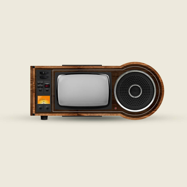 Upgrading. Fictional, created model of retro tv set with blank grey screen isolated over white background. Vintage, fashion cycle, mockup for text or design - Фото, изображение