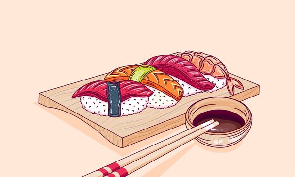 Sushi set of rolls, ebi, sake, red fish nigiri and shrimp, with wasabi, ginger, soy sauce, on a black plate with chopsticks, traditional Japanese cuisine, vector - Vector, Image