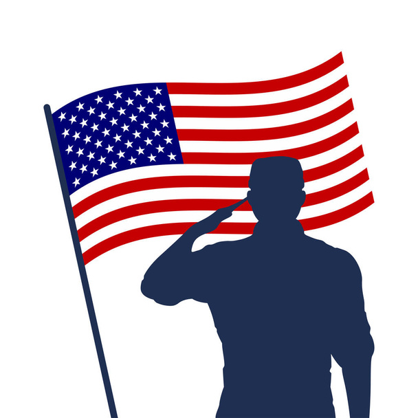 Saluting soldier silhouette with American flag - Vettoriali, immagini