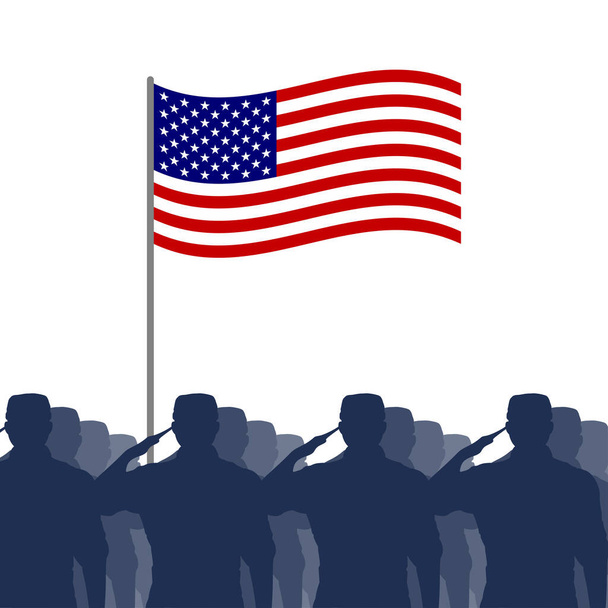 Saluting soldier silhouette with American flag - Вектор, зображення