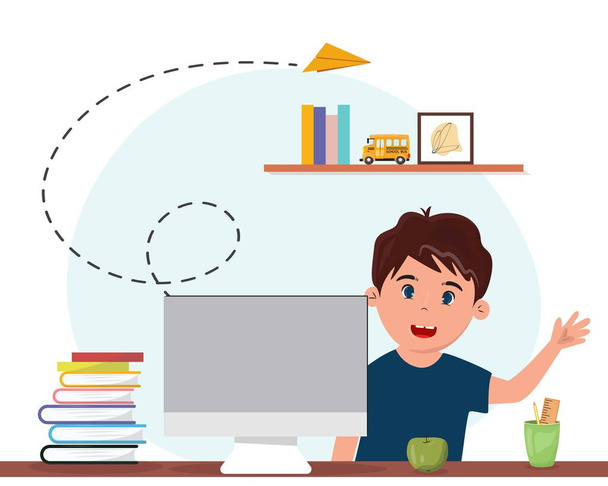 Boy studying home from the computer. Online school, education, communication concept illustration. Distance education. Happy boy doing homework. - Vektor, kép