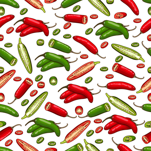Seamless pattern with whole, half, wedges, and slices of serrano Chile peppers. Chile serrano. Serrano chilis. Chili pepper. CVegetables. Vector illustration isolated on white background. - Vector, afbeelding