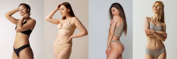 Collage. Portraits of young beautiful women in cotton underwear posing isolated over light background. Body-positivity. Concept of beauty, body and skin care, health, fitness, cosmetics, ad - Photo, Image