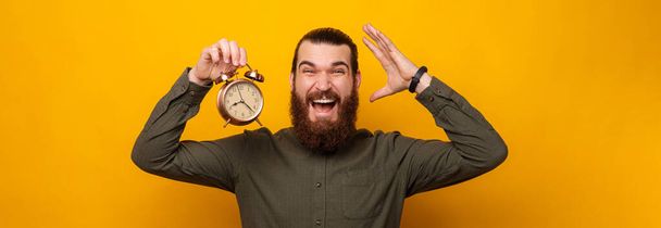 Bearded man is mad because time flys so fast while holding an alarm clock. Studio portrait over yellow backdrop. - 写真・画像
