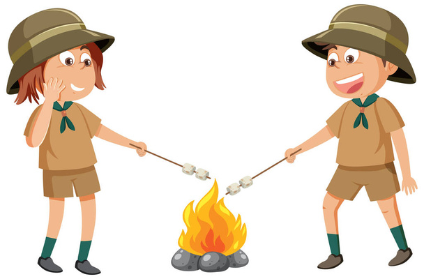 Boy and girl scout roasted marshmallow illustration - Vetor, Imagem