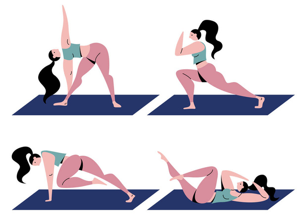 vector set girl in pink leggings and blue bra goes in for sports (fitness) on a sports mat in flat design style isolated on white background. useful for sports applications, web, design, print, poster - Vektor, kép