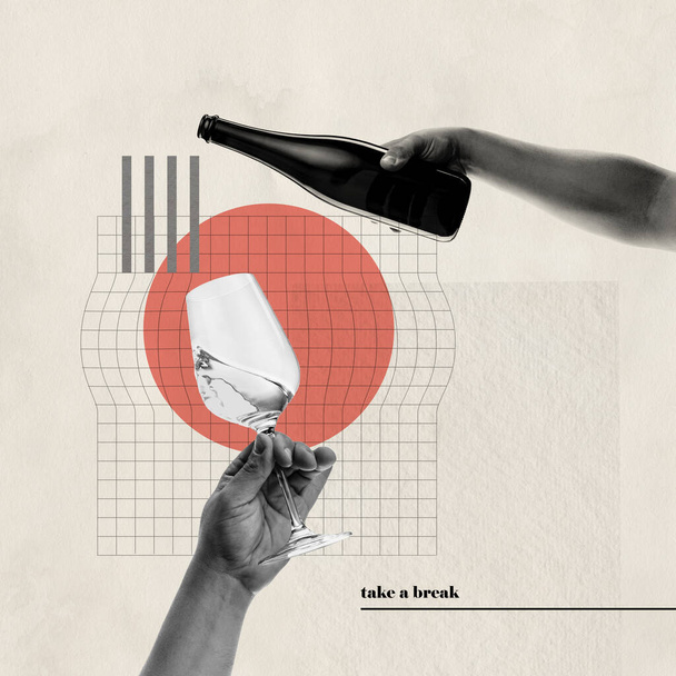 Contemporary art collage. Conceptual image. Two hands image. Wine pouring into glass. Degustation. Retro design. Take a break and drink wine. Concept of holiday, alcoholic drink, winery, artwork - Foto, Bild