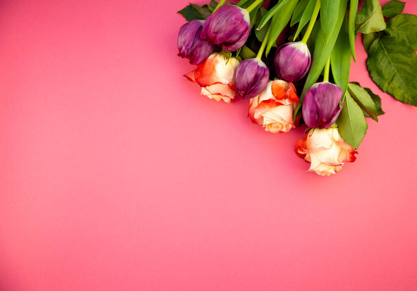 Bouquet of roses and tulips on a plain pink background. Layout for a greeting card. Spring concept. Copy space. Flowers top view. Tulip flower. - Foto, imagen