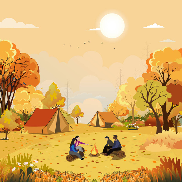 Family enjoying vacation camping at countryside in Autumn,Group of People sitting near the tent and campfire having fun talking together, Vector Rural landscape in fall forest tree with sunset sky - Vector, afbeelding