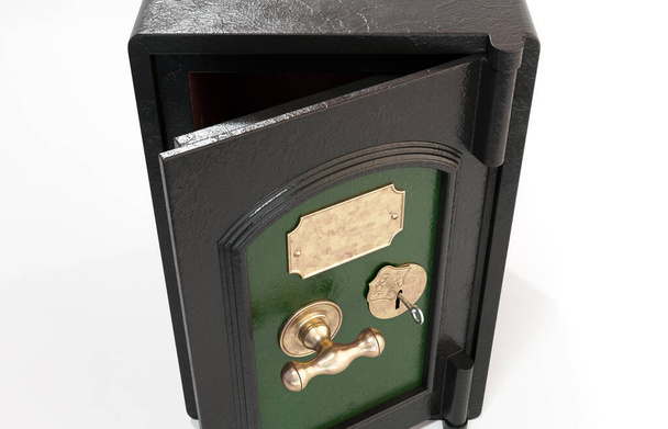 A half opened heavy cast iron vintage floor safe with brass fittings on an isolated background - 3D render - Foto, Bild