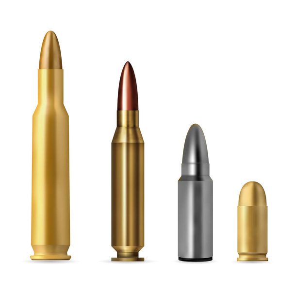 Various types and sizes of ammunition for weapons. Realistic set of bullets and cartridges on a white background. Vector illustration - Vecteur, image