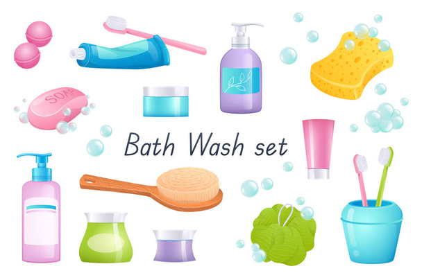 Bath wash accessories 3d realistic set. Bundle of bath bombs, toothpaste, toothbrush, liquid soap, sponge, cream, shampoo bottle, brush and other isolated bathroom elements.Vector illustration - ベクター画像