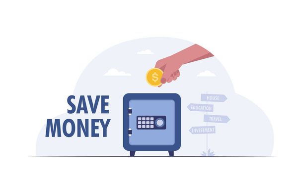 Save money hand put coin metal safe. vector illustration - Foto, Imagem