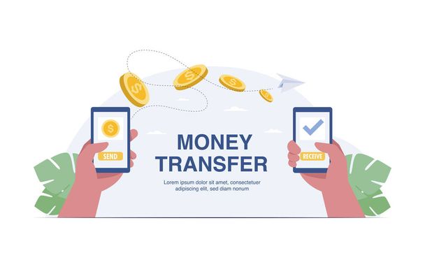 Mobile money transfer with hand holding mobile phone. vector illustration - Foto, imagen