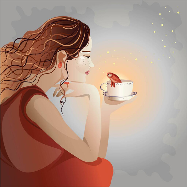 beautiful girl with copper curly hair. dark red dress and, earrings and ring. the girl holds in her hand a cup from which a goldfish looks out at her. magical and mysterious illustration - Vetor, Imagem