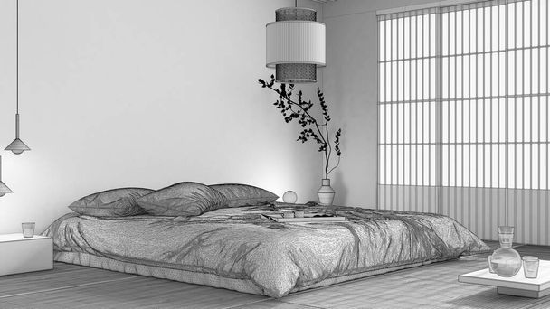 Blueprint unfinished project draft, japanese bedroom, zen style. Double bed, tatami mats, meditation space. Minimalist japandi interior design - Photo, Image