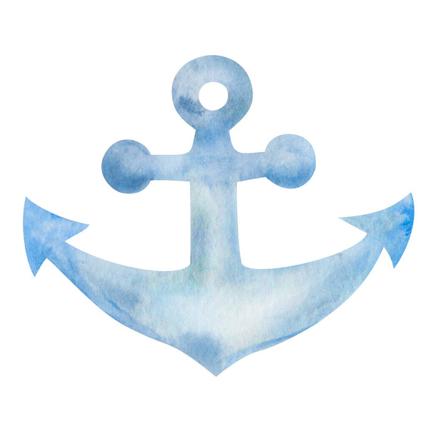 Watercolor illustration of hand painted blue anchor for ship, vessel, boat in simple style. Marine item for sea, ocean. Isolated on white design clip art element for textile print, summer card, poster - Photo, image