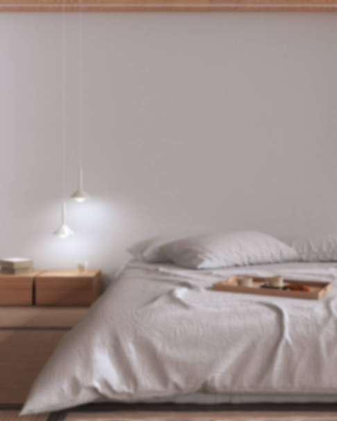 Blurred background, japandi bedroom mock up. Bed with pillows, japanese minimal interior design with copy space - Valokuva, kuva