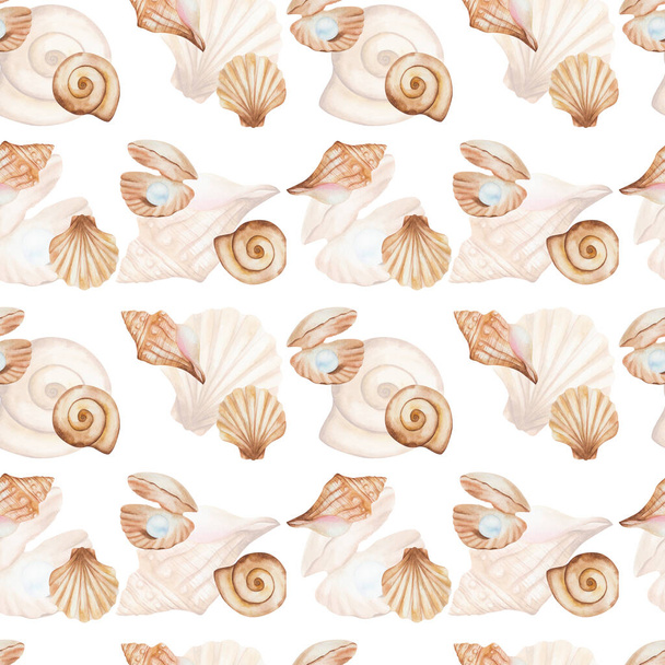 Акварельний безшовний візерунок з ручної розфарбованої ілюстрації морської мушлі коричневого бежевого кольору з синьою перлиною прикрас. Океанічна тварина. Морське життя. Морський принт на білому тлі для літнього тканинного текстилю
 - Фото, зображення