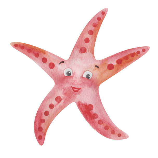Watercolor illustration of hand painted red five finger starfish, cartoon character with face, smile. Isolated sea animal creature. Summer clip art element for children fabric textile print, postcards - Фото, изображение