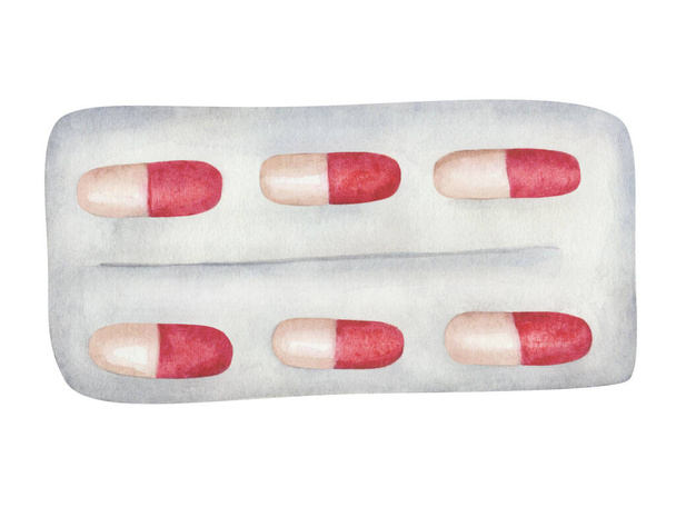 Watercolor illustration of hand painted red capsule pills, vitamin supplements in grey blister package. Isolated on white clip art of medication for health care ads posters, treatment cold, flu - Foto, immagini