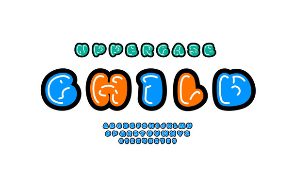 Comic font, round alphabet in the cartoon style, letters and numbers - Vektor, obrázek