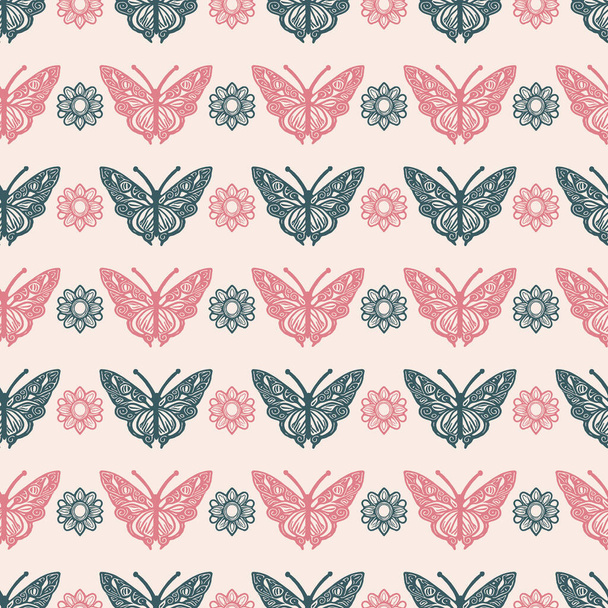 Retro butterfly seamless pattern. 70s style ecological insect garden wildlife wallpaper. Earthy decorative lepidoptera tile - Vector, Imagen