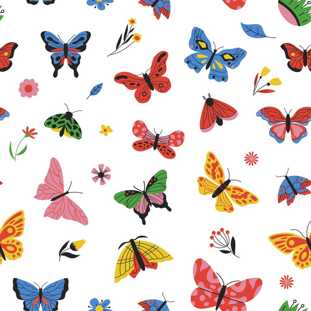 Butterflies pattern. Seamless print of colored cartoon flying insects, fashion repeat background for textile, wallpaper, fabric design. Vector texture. Colorful characters and floral plants - Vektör, Görsel