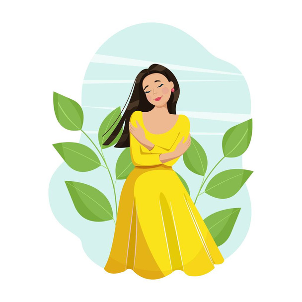 Love yourself concept. The girl hugs herself by the shoulders. A woman loves her body and takes care of herself. Vector flat illustration. - ベクター画像