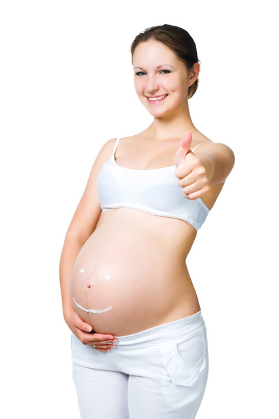 Pregnant female with cosmetic cream on belly - Zdjęcie, obraz