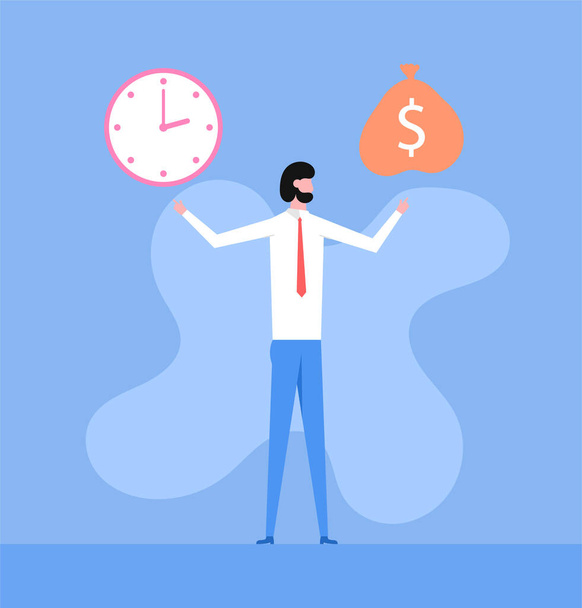 Time or money concept. Man doing choice clock or bag with money. Vector abstract scene - Vector, Image