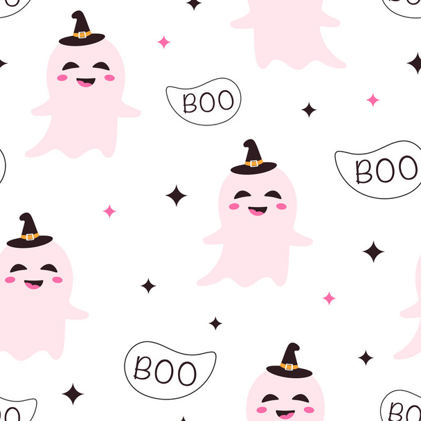 cute ghosts in wich hat on white background, vector seamless pattern, color illustration for halloween - Vetor, Imagem