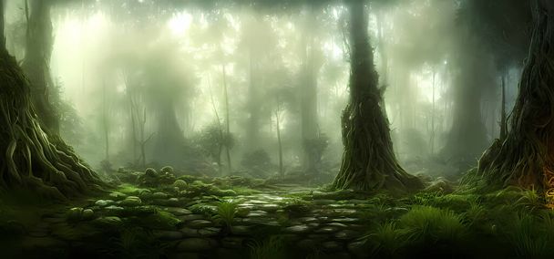 Beautiful magical forest fabulous trees. Forest landscape.Digital art painting for book illustration,background wallpaper, concept art. - Photo, Image